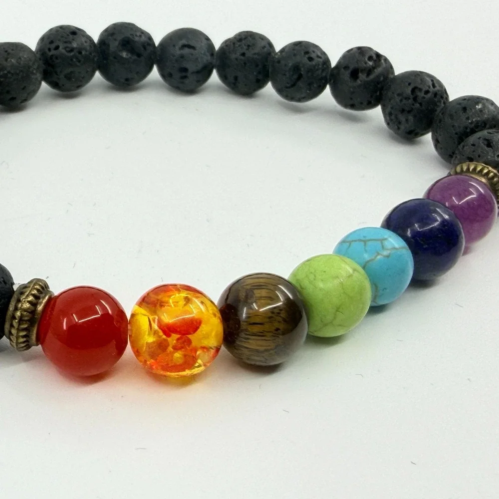 Vintage Modern Chakra Lava Rock Beaded Stretch Bracelet - Healing Stones